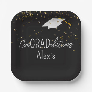 Graduation Gold Confetti and White Cap Paper Plate