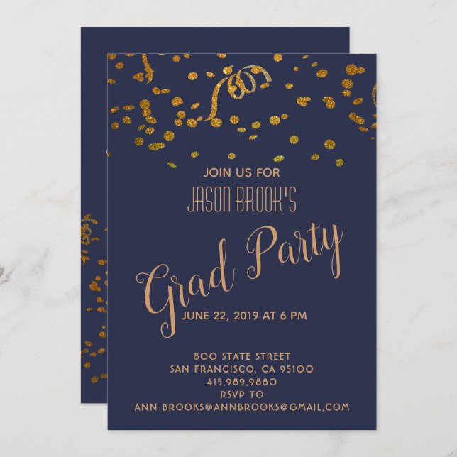 Graduation Gold Confetti Blowout Party Invitation (Front/Back)