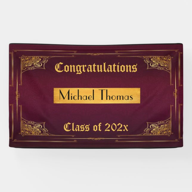 Graduation Gold Filigree Frame on Burgundy Banner (Horizontal)