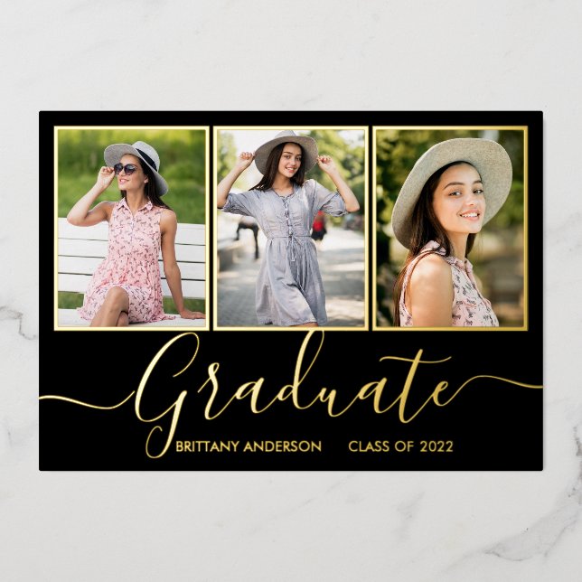 Graduation Gold Foil 3 Photo Announcement Card (Front)