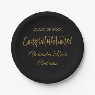 Graduation Gold Foil and Black Congratulations Paper Plate