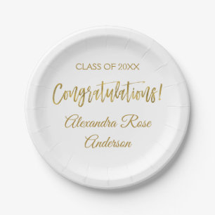 Graduation Gold Foil and White Congratulations Paper Plate