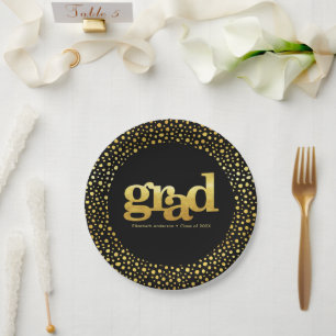 Graduation gold foil typography black modern bold paper plate