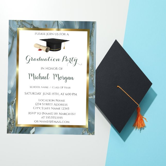 Graduation Gold Frame Cap Marble Graduation Party Invitation (Creator Uploaded)