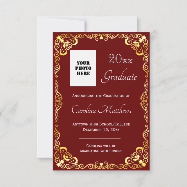 Graduation Gold Frame Maroon Announcement (Front)
