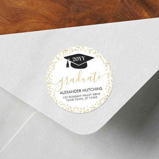 Graduation Gold Glitter Confetti Return Address  Classic Round Sticker (Creator Uploaded)