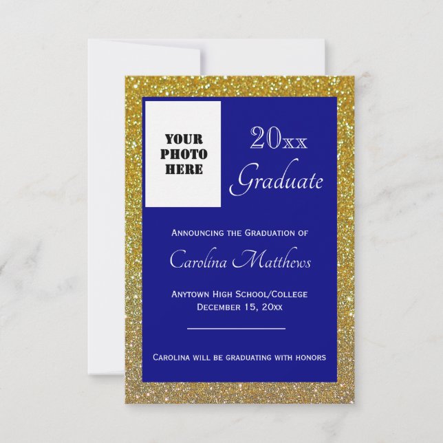 Graduation Gold Glitter Navy Blue Announcement (Front)