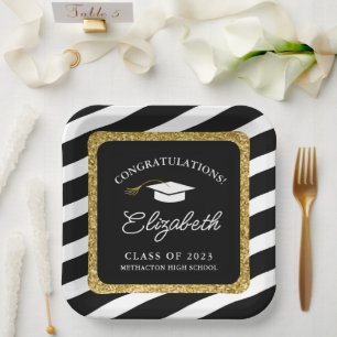 Graduation Gold Glitter Script Graduation Party Paper Plate