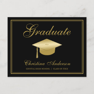 Graduation Gold Grad Cap & Script on Black Party Invitation Postcard