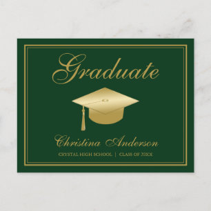 Graduation Gold Grad Cap & Script on Green Party Invitation Postcard