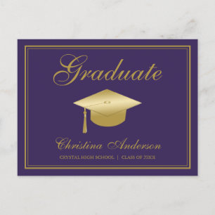 Graduation Gold Grad Cap & Script on Purple Party Invitation Postcard