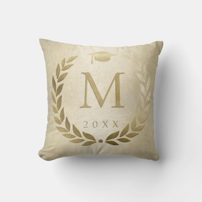Graduation Gold Laurel Wreath Monogrammed Initial Cushion (Front)