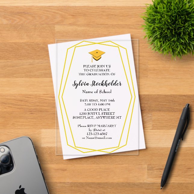 Graduation Gold lines and Grad cap Acrylic Invitations (Insitu (Invitation Card))