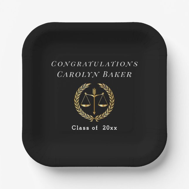 Graduation Gold Scales of Justice Laurel Wreath Paper Plate (Front)