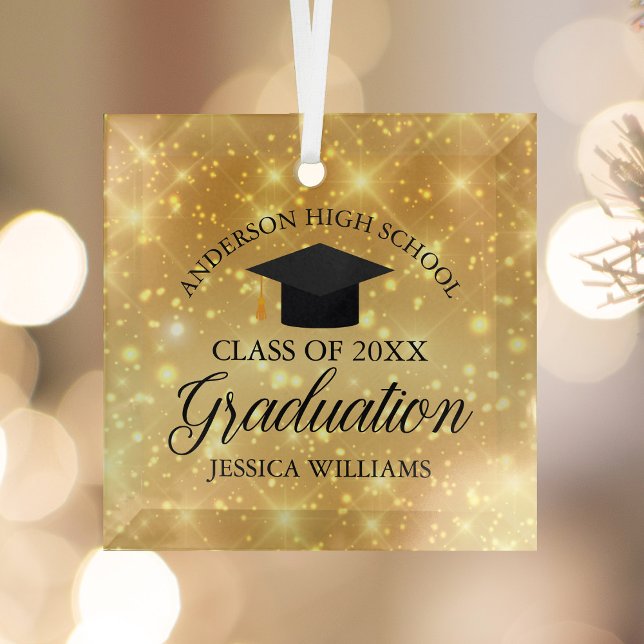 Graduation Gold Sparkle Custom School Christmas Glass Tree Decoration (Creator Uploaded)