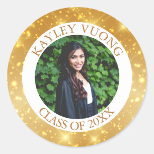 Graduation Gold Sparkle Custom Senior Photo Party Classic Round Sticker