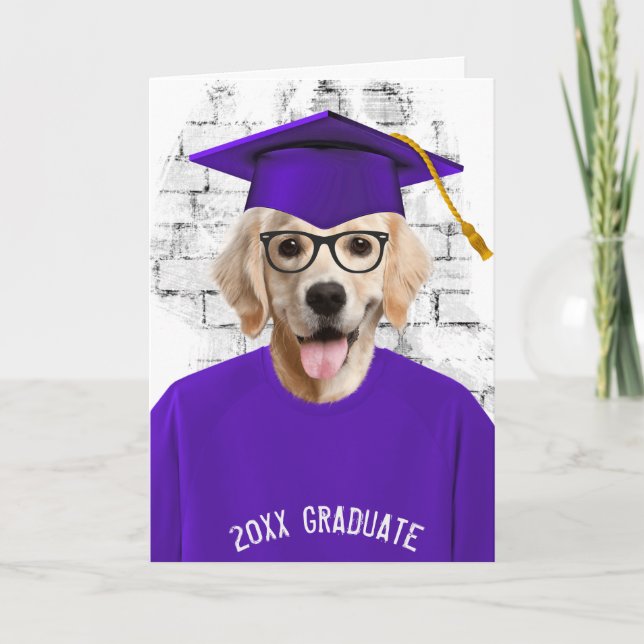graduation golden retriever in purple t-shirt card (Front)