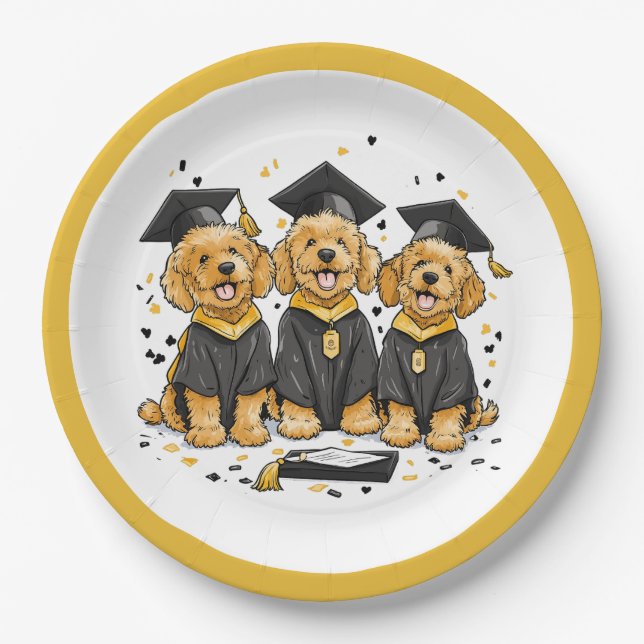 Graduation Goldendoodle Dogs Paper Plate (Front)