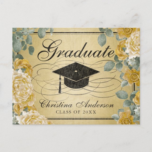 Graduation Grad Cap Gold Roses Floral Invitation Postcard (Front)