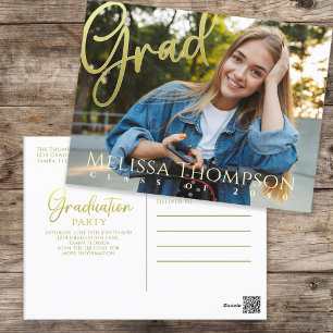 Graduation Grad Gold Calligraphy Simple Two Photo Postcard