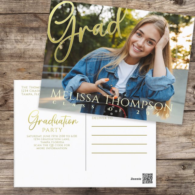 Graduation Grad Gold Calligraphy Simple Two Photo Postcard (Graduation gold calligraphy script with full bleed photo template postcard. )