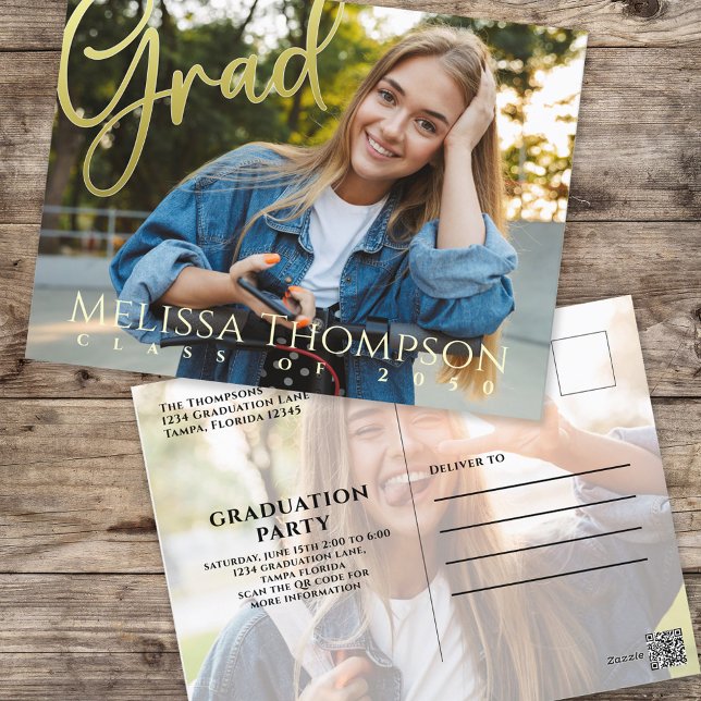Graduation Grad Gold Calligraphy Simple Two Photo Postcard (Creator Uploaded)