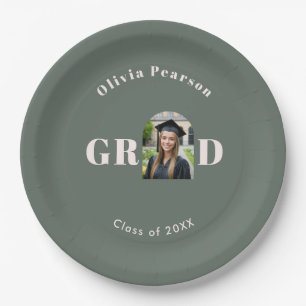 Graduation Grad Party Sage Green Pink Arch Photo Paper Plate