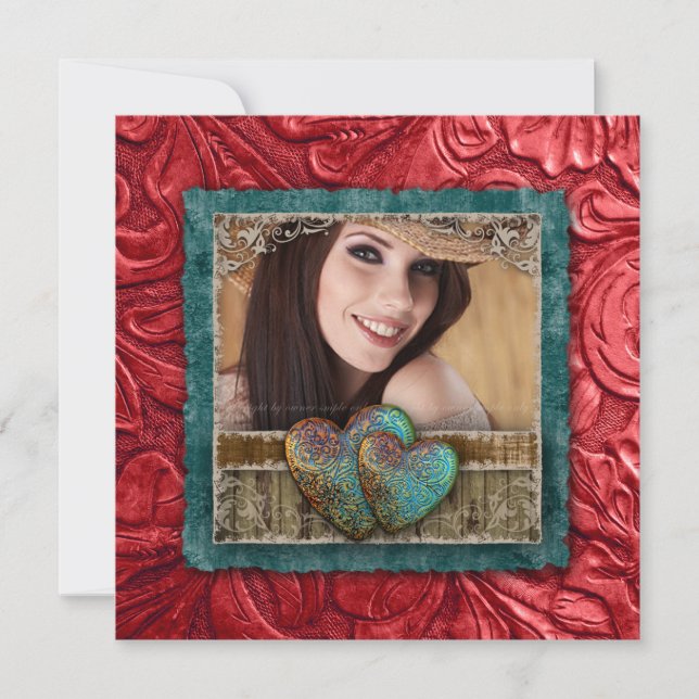 Graduation Grad Western Leather Cool Photo Hearts Invitation (Front)