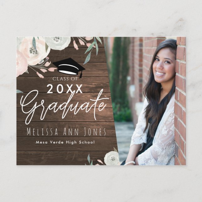 Graduation Graduate Rustic Wood Floral Chic Photo Invitation Postcard (Front)