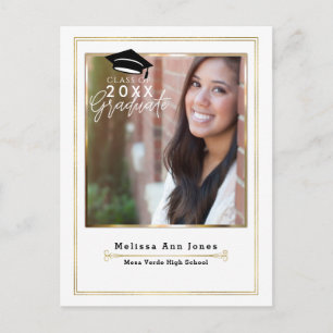 Graduation Graduate White & Gold Modern Photo Announcement Postcard
