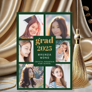 Graduation Green 6 Photo Collage Gold White Script Announcement