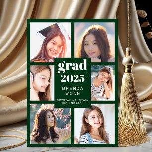 Graduation Green 6 Photo Collage White Script Announcement