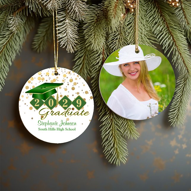 Graduation Green and Gold 2021 Photo Ceramic Tree Decoration (Graduation Green and Gold Photo Ceramic Ornament)