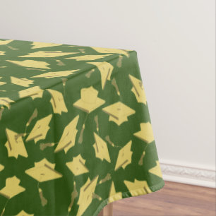 Graduation Green and Gold Caps in the Air Tablecloth
