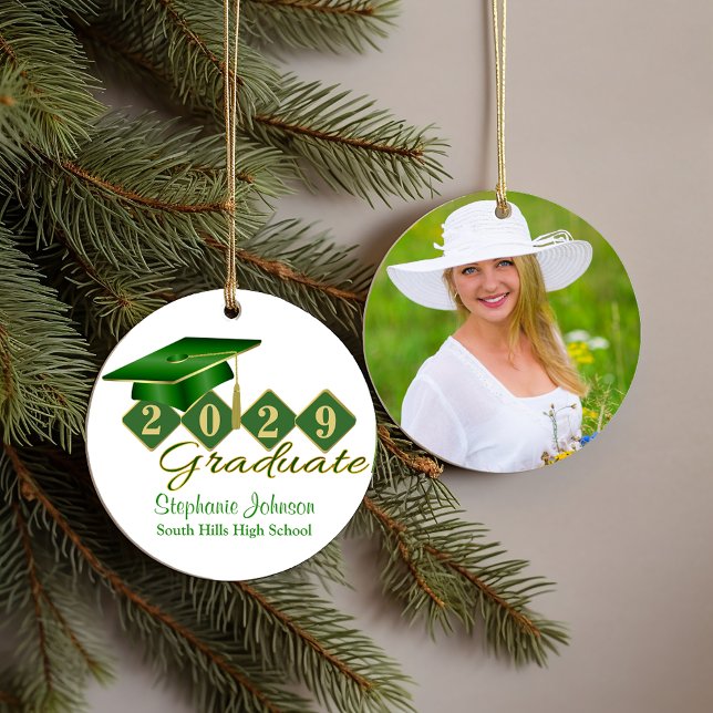 Graduation Green and Gold Classic Photo Ceramic Tree Decoration (Graduation Green and Gold Classic Photo Ceramic Ornament)