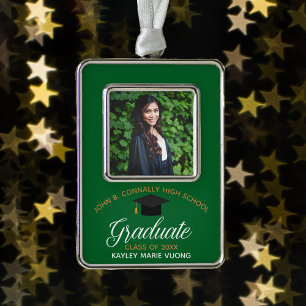 Graduation Green Gold Custom 2025 Graduate Photo Silver Plated Framed Ornament