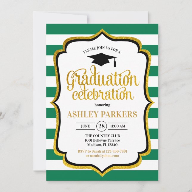 Graduation - Green Gold White Invitation (Front)