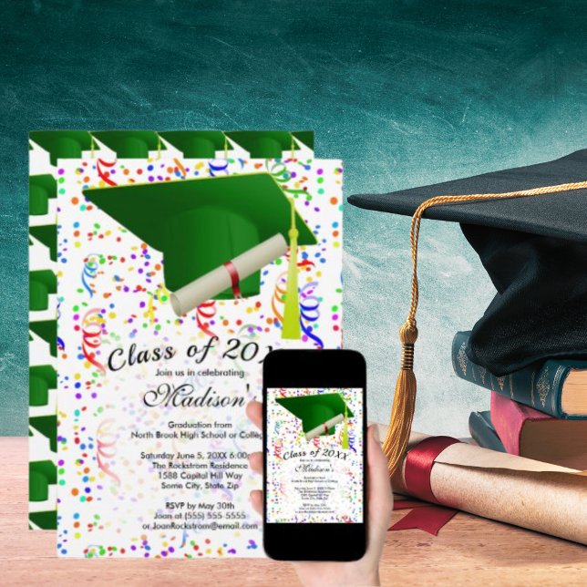 Graduation Green Grad Cap Diploma Confetti Party Invitation (Graduation Green Grad Cap Diploma Confetti Party Invitation)