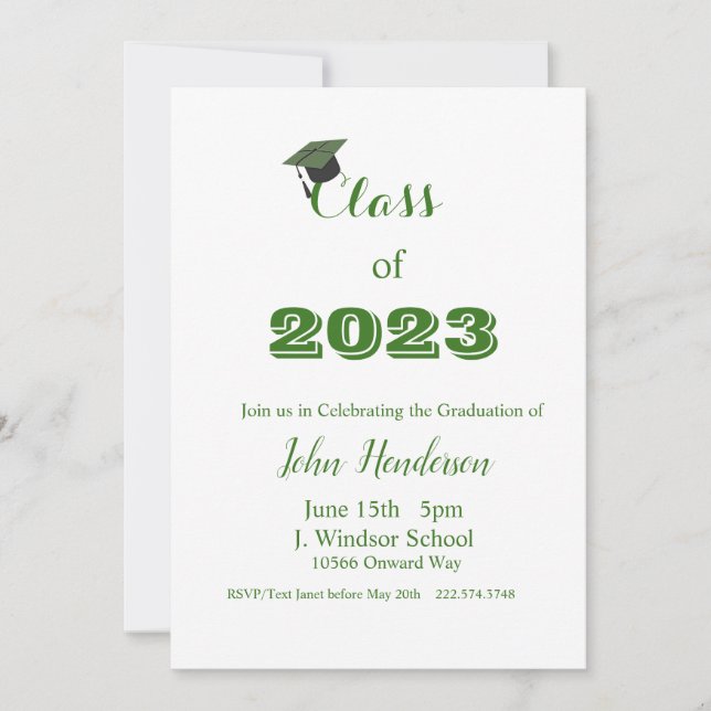 Graduation Green & White Invitation Class of 2023 (Front)