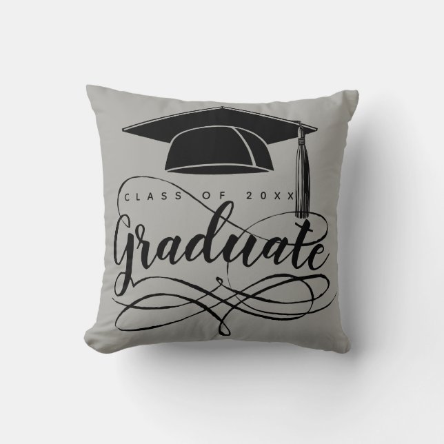 Graduation Grey Black Script Typography Grad Cap Cushion (Front)
