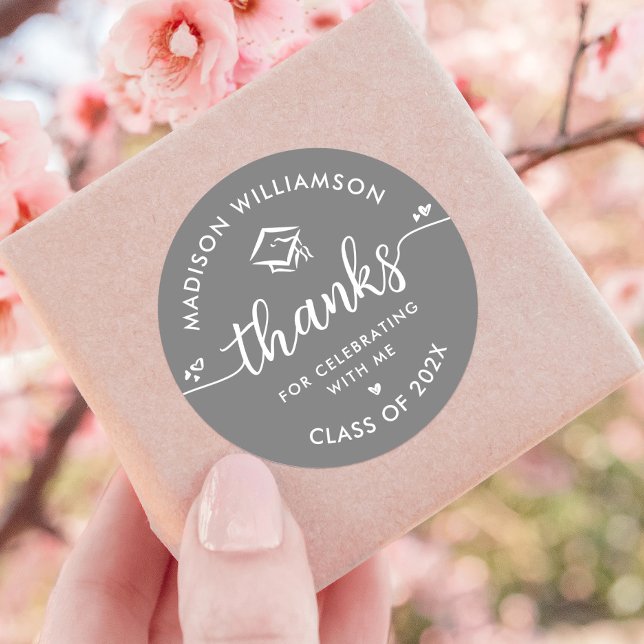 Graduation Grey Modern Thank You Script Hearts Cap Classic Round Sticker (Creator Uploaded)