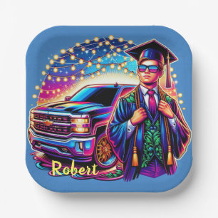 Graduation Guy With Pickup Truck Custom Paper Plate