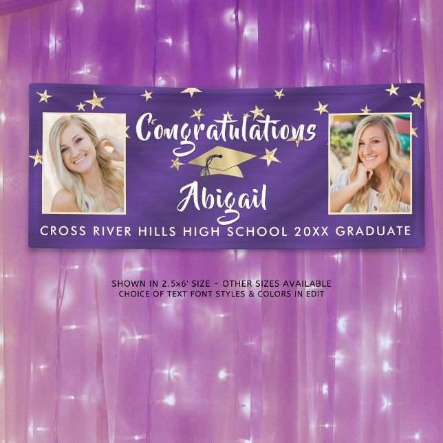 Graduation Hand Lettered Photo Purple Gold Stars  Banner (Creator Uploaded)