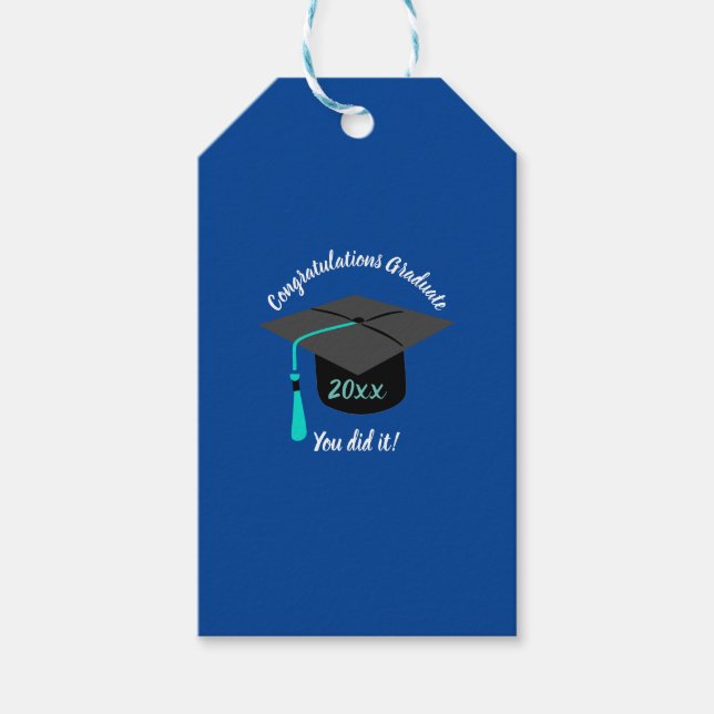Graduation Hat And Year Personalised Blue Gift Tag (Front)