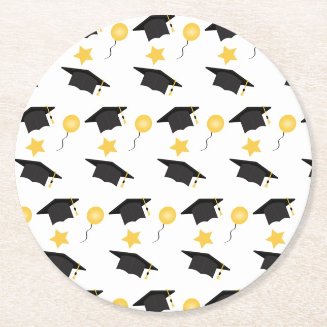 Graduation Hat Balloons Pattern Yellow Black Round Paper Coaster (Front)