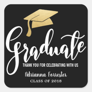 Graduation Hat Faux Gold Foil Thank You   Black Square Sticker