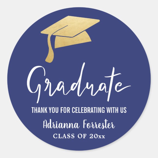 Graduation Hat Faux Gold Foil Thank You Navy Blue  Classic Round Sticker (Front)