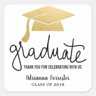 Graduation Hat Faux Gold Foil Thank You Square Sticker