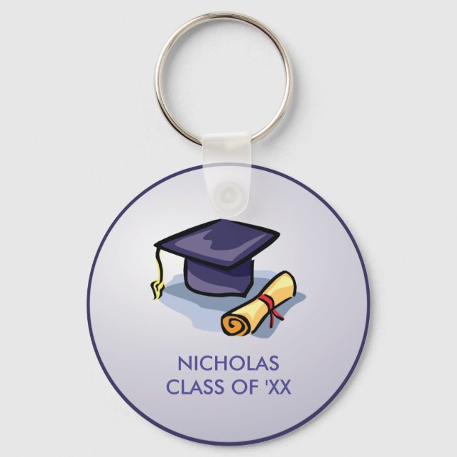 Graduation Hat Past Present Future on Blue Key Ring (Front)
