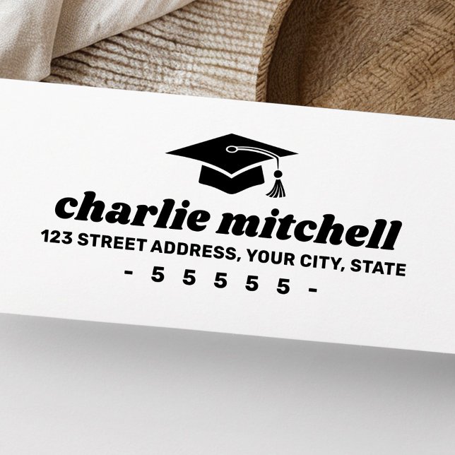 Graduation hat retro font bold return address rubber stamp (Graduation hat retro font bold return address rubber stamp)